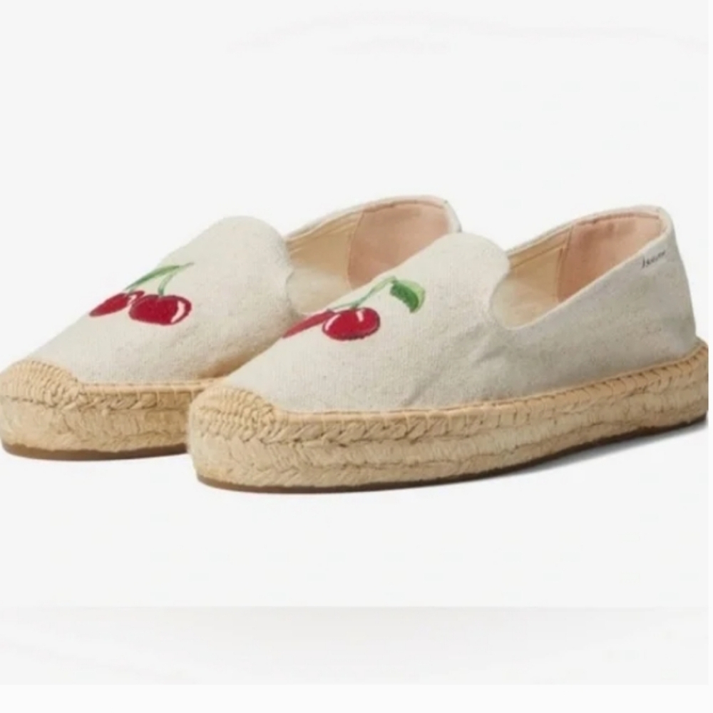 Cherry print embroidery platform linen shoes